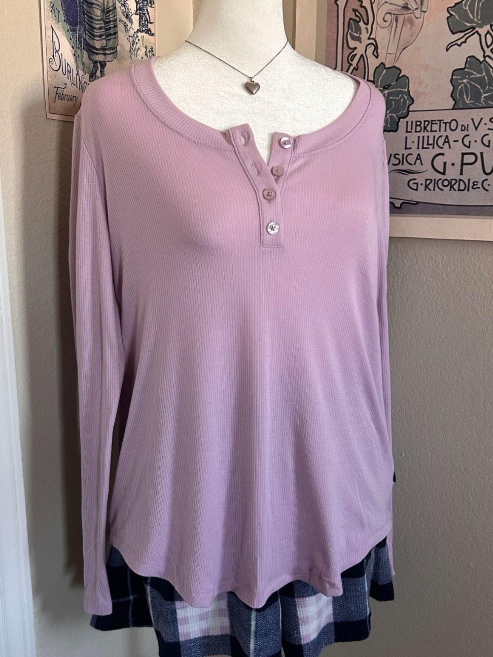 Y2K Soft Lavender Ribbed Henley Top